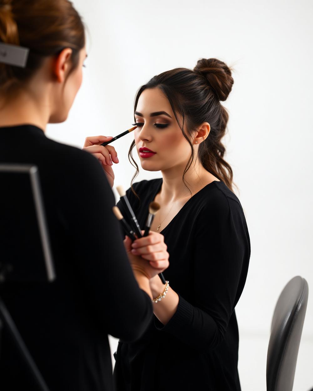 Makeup artist Mireille Vaux working on a client in a bright studio