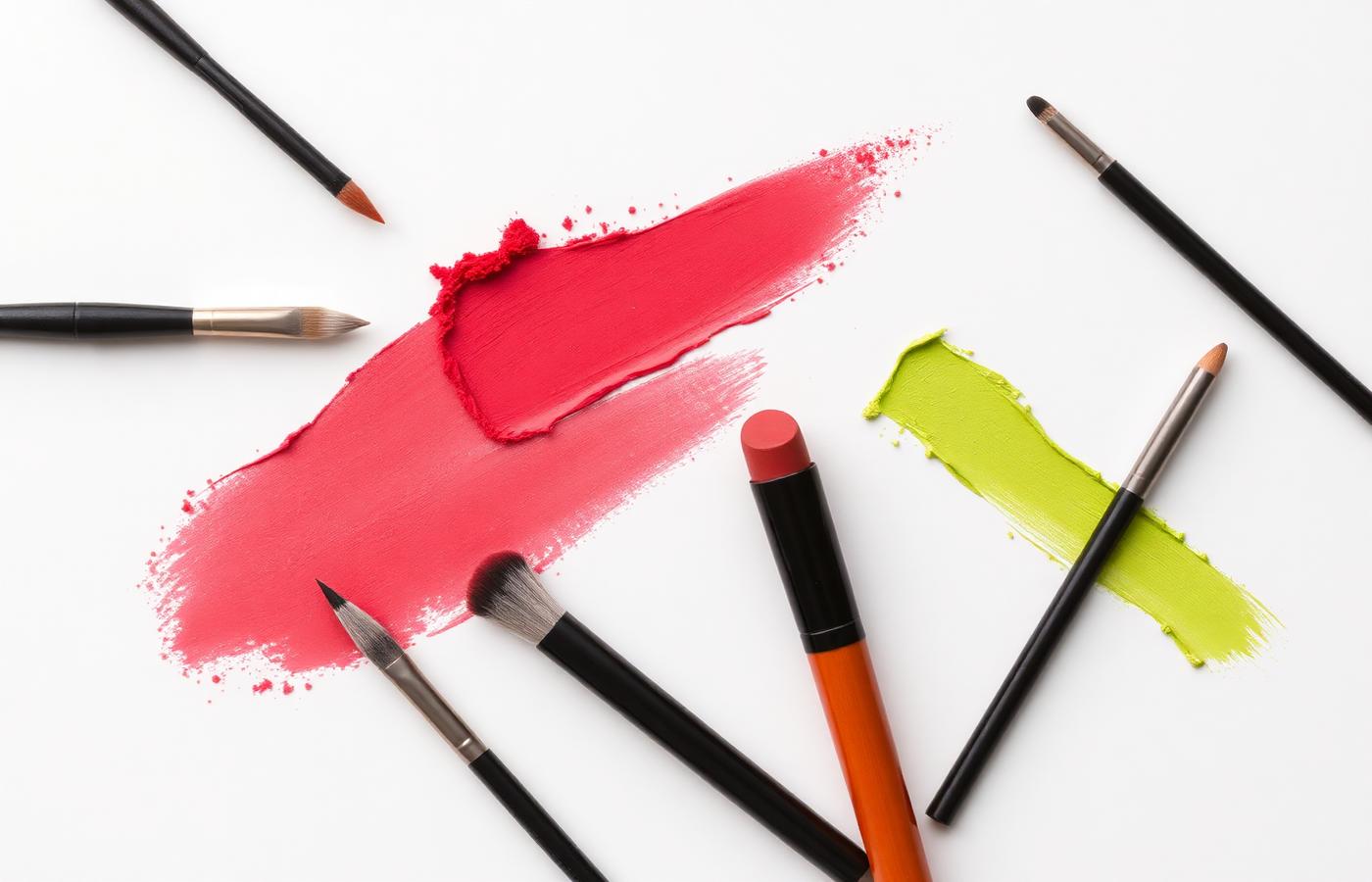 Vermilion and chartreuse makeup swatches with brushes on white