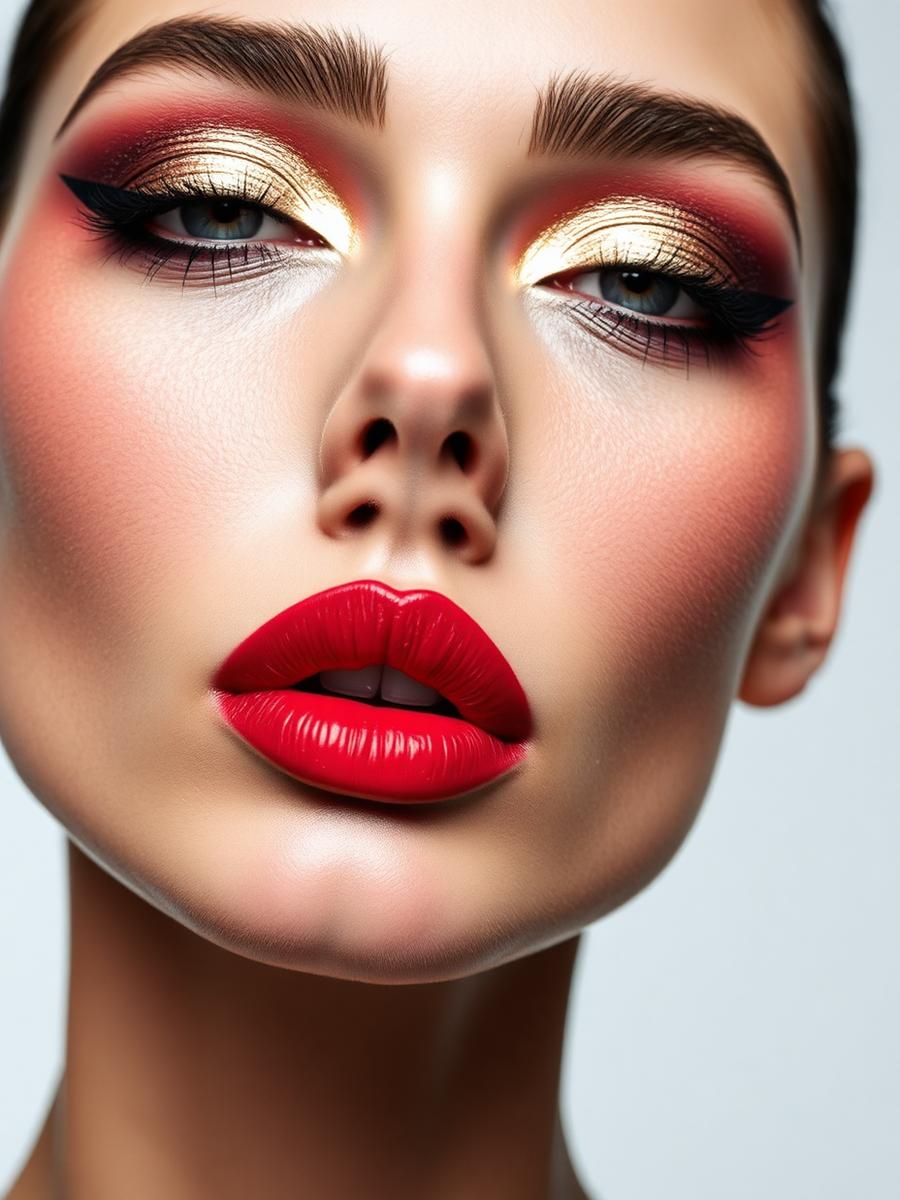 Gold pigment and bold red lip runway beauty
